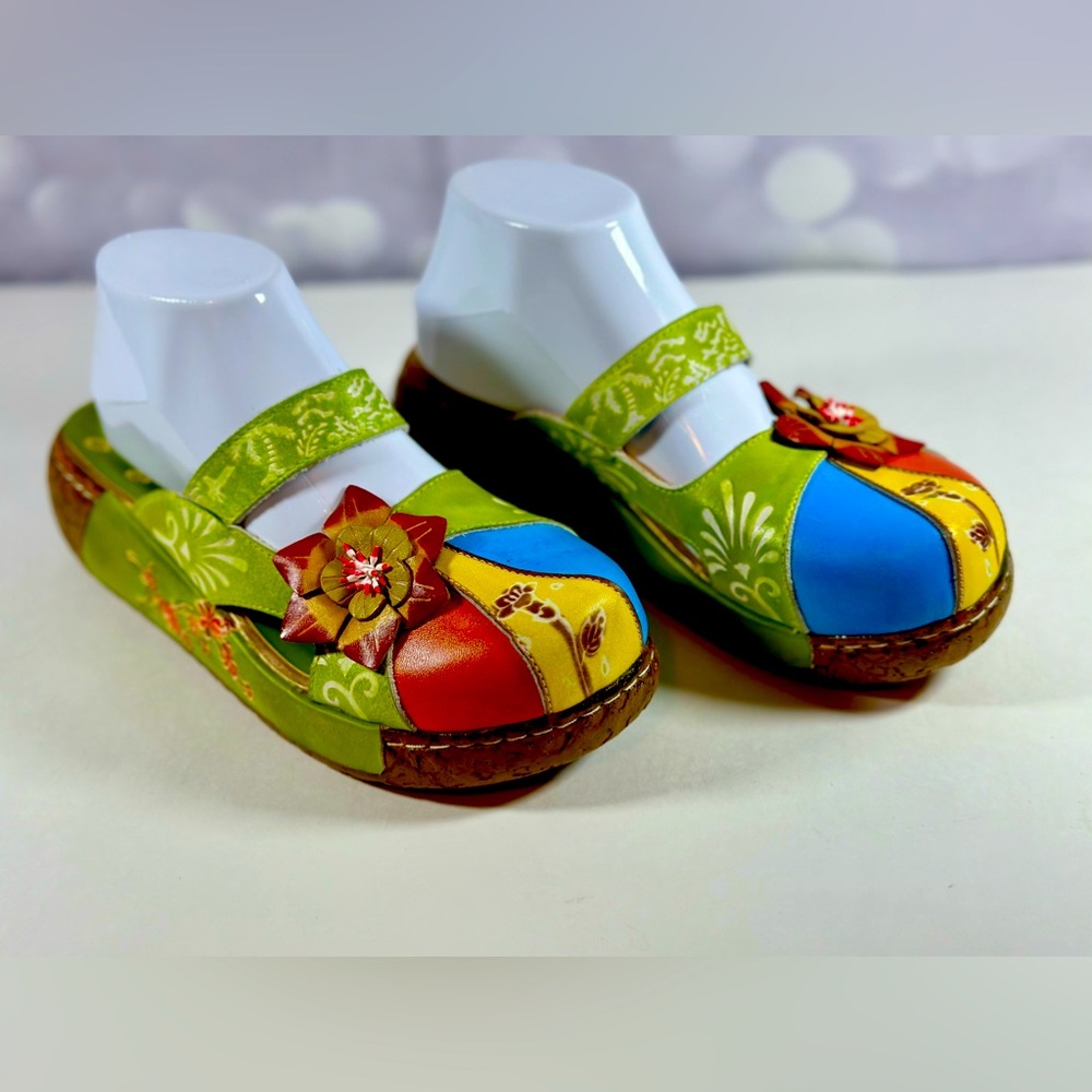 Boho Artsy Size 9 Euro 40 Blue Green Orange Mary Jane Clogs Sides Slip Ons FUN!